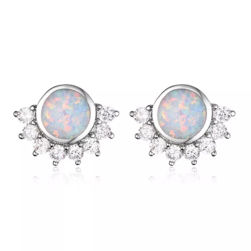 New Womens Opal & Diamond Cz 925 Sterling Silver Earring